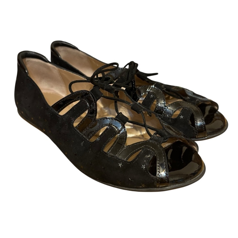 BeautiFeel flats black suede patent star print lace up peep toe 8.5 US 39 EU
